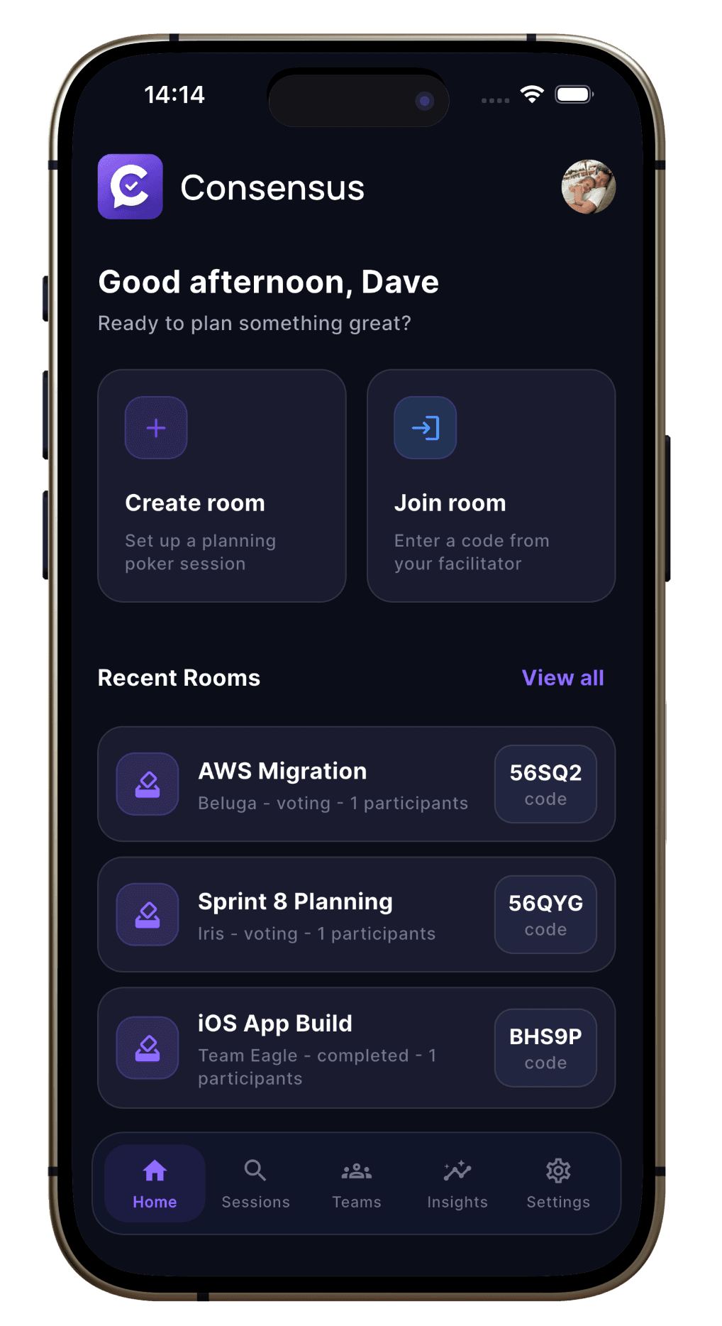 Consensus mobile create room screen